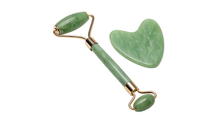 Green jade facial roller gua sha beauty tool set isolated on transparent background © nova-png