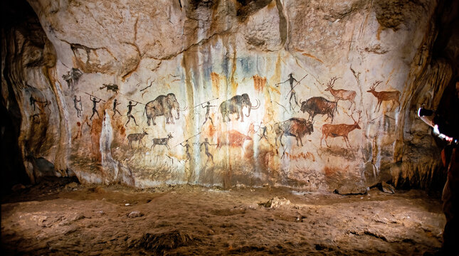 Ancient cave paintings depict prehistoric hunting scenes with mammoths and deer