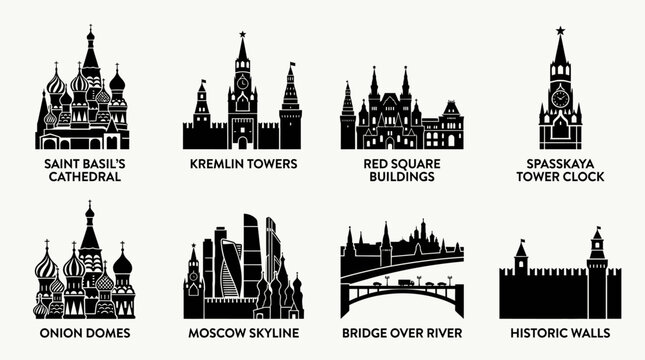 Moscow landmark silhouette illustration icon vector collection featuring Saint Basil&rsquo;s Cathedral, Kremlin towers, Red Square, skyline, bridges, and historic architecture in elegant black design.