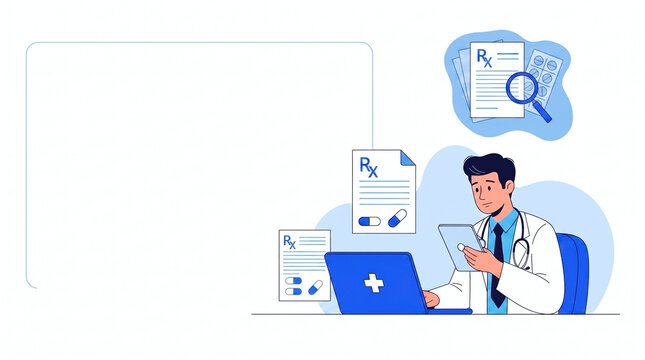 Healthcare professional reviewing prescriptions and patient records at office desk