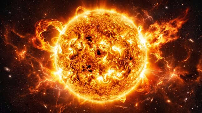 Atividade solar extrema com enormes erup&ccedil;&otilde;es e plasma no espa&ccedil;o sideral. Conceito de tempestade magn&eacute;tica, clima espacial e aquecimento global.