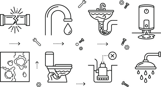 Plumbing problems icons set featuring broken pipe leaking faucet clogged sink broken boiler water damage toilet and sump pump