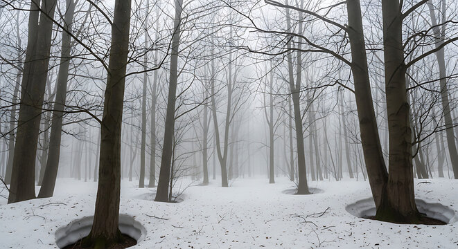 Misty Forest with Morning Mist and Snow Remains Late Winter Transition Season