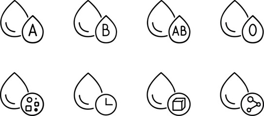 Blood Type and Glucose Test Icon Set with Drops A B AB O Sugar Cube and Clock Symbols for Medical Healthcare Websites and Applications © arifa journal!