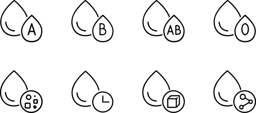 Blood Type and Glucose Test Icon Set with Drops A B AB O Sugar Cube and Clock Symbols for Medical Healthcare Websites and Applications
