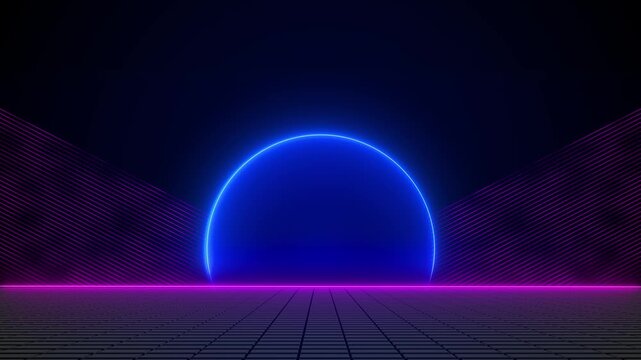 Neon grid sunset background glowing blue sphere, magenta horizon, purple line walls, futuristic retro style. music videos, cyber scenes, gaming intros, synth visuals, motion graphic loops.
