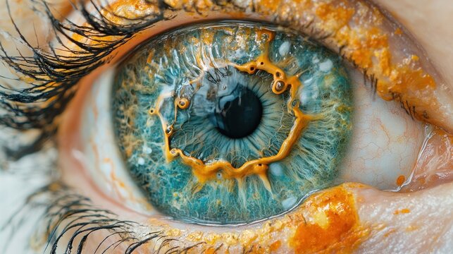 Close-up of a vibrant eye, painted with orange