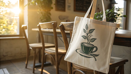 Fototapeta premium Canvas tote bag mockup. Eco friendly cotton shopping bag with coffee print in cafe interior.