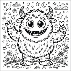 Obraz premium Whimsical monster coloring page adorable furry creature with hearts stars and floral elements for kids