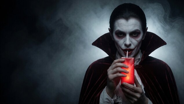 Scary vampire character holding a glowing red drink in dark foggy setting, horror theme