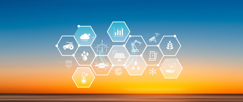 Smart agriculture and agritech concept. Hand using touching digital icons interface of modern farming technology, Agribusiness innovation and smart farming management. not ai