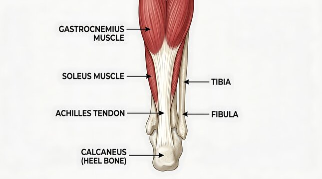 Anatomical diagram of human lower leg muscles and achilles tendon with achilles