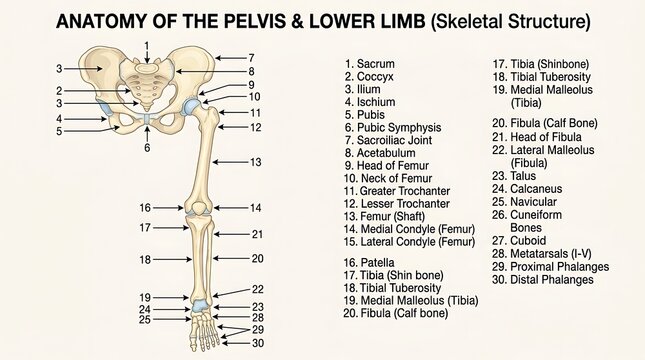 Detailed anatomical illustration of human pelvis and lower limb skeleton
