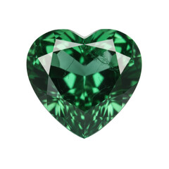 Fototapeta premium Large heart-shaped emerald gemstone with deep green facets and natural inclusions rests on a transparent studio surface concept of luxury and elegance