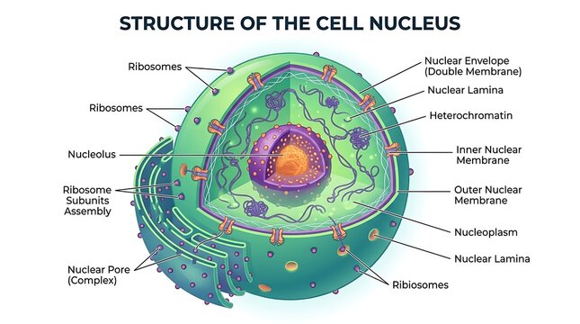 Detailed cross section diagram of the cell nucleus with nucleolus, membrane