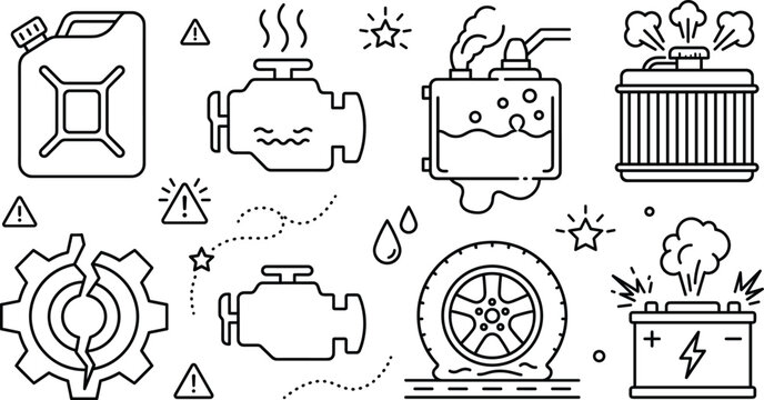 Car breakdown engine overheating and mechanical failure line art vector set with flat tire radiator smoke leaking fluid