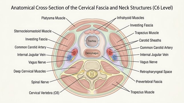 Anatomical cross section of human cervical fascia and neck c6 level