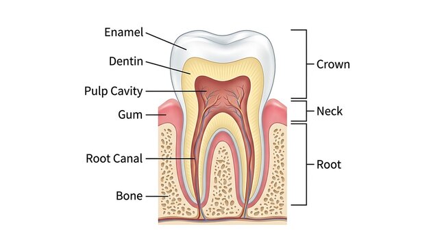 Educational diagram of human tooth anatomy structure cross section with cavitity