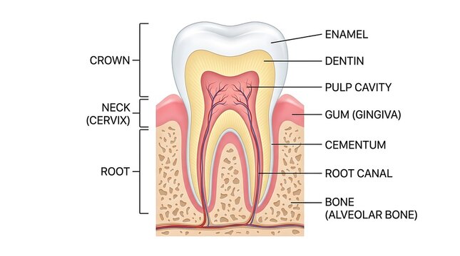Detailed medical illustration of human tooth structure anatomy diagram