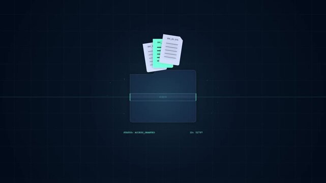 Digital folder opening with documents appearing on a HUD grid interface