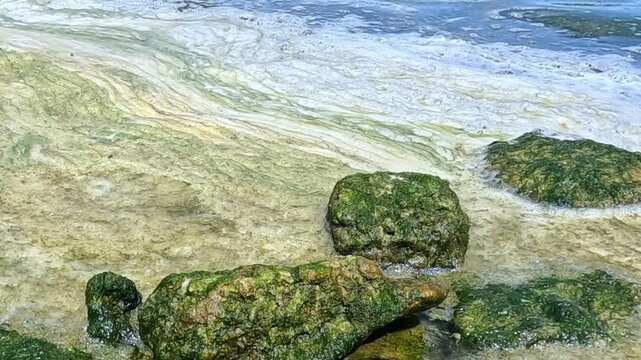 The shoreline is captured during wave surf, where breaking waves generate white sea foam around the rocks.