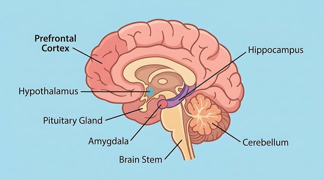 Educational diagram of human brain anatomy with key labeled structures, amygdala