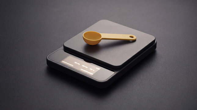Measuring spoon on digital kitchen scale with dark background