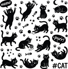 Obraz premium Black cat silhouette collection playful feline graphics for stickers crafts and digital design projects