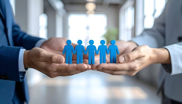 Two business people holding a line of connected blue people icons together. Concept of business partnership, collaborative HR, team building, and shared workforce responsibility.