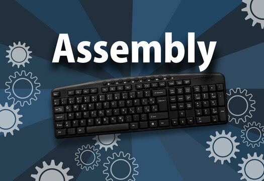 Assembly programming language. Word Assembly and computer keyboard.
