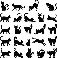 Obraz premium Collection of black cat silhouettes in various poses ideal for halloween or pet themed designs