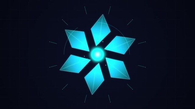 Animated blue geometric diamond shapes rotating on a dark digital background