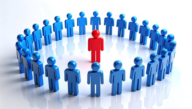 Central red person icon encircled by blue figures, illustrating leadership, audience targeting, human resources, teamwork, communication, and organizational structure.