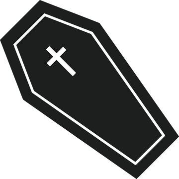 Simple black coffin icon with white border and cross symbol on a white background