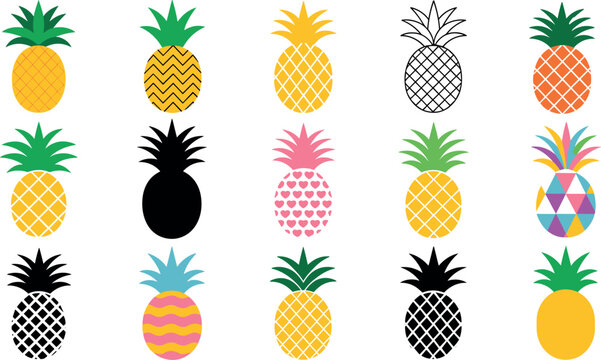 Tropical Pineapple Vector Icons Set with Colorful Patterns and Silhouettes for Summer Design