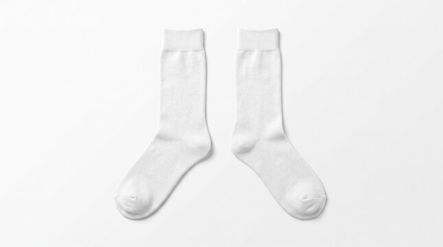 Pair of white cotton crew socks laid flat on white background AIzaSyB3cjhyJgbwRiZckSEogpuVt4y1k1DU7A4 for apparel mockup presentation
