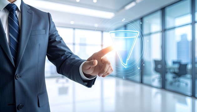 Business professional interacting with a glowing digital funnel icon, representing sales funnel, lead generation, customer acquisition, marketing automation, and business growth.
