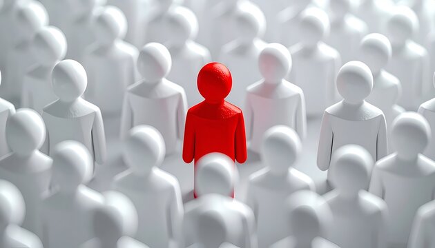 A single red human figure surrounded by white figures, representing uniqueness, leadership, diversity, inclusion, talent selection, or individuality in a minimal 3D concept.