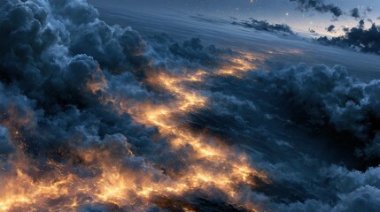 Obraz premium Glowing fire flows through dark storm clouds from high altitude. Perfect backdrop for sci-fi and fantasy concepts.