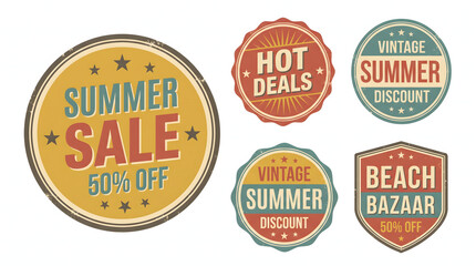 Obraz premium Retro set of summer promotion labels and vintage discount stickers for seasonal commercial sales.