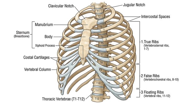 Detailed medical illustration of human thoracic cage and rib anatomy