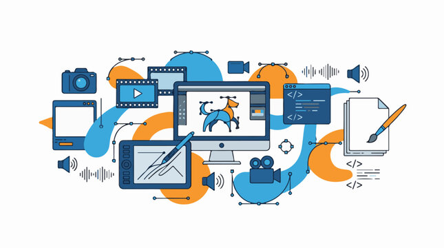 Digital media creation tools animation coding sound and art depicted