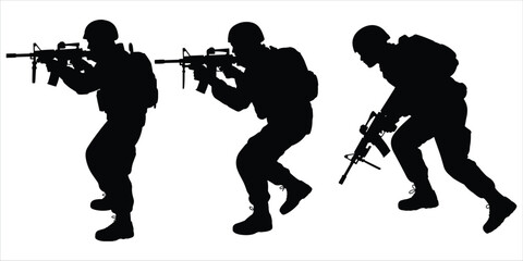 Fototapeta premium Silhouette of three soldiers in tactical gear aiming assault rifles in different dynamic poses, isolated on white