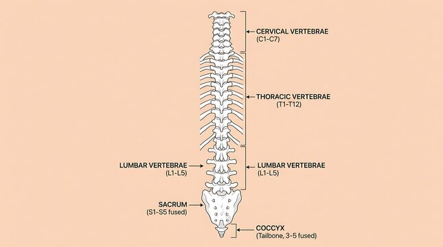 Human vertebral column anatomy diagram with labeled sections, spine anatomy