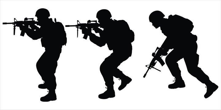 Silhouette of three soldiers in tactical gear aiming assault rifles in different dynamic poses, isolated on white