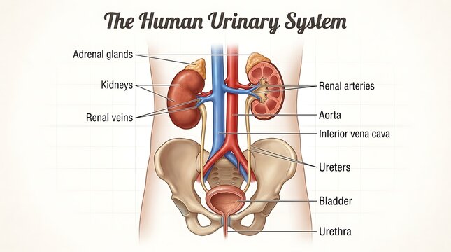 The human urinary system anatomy diagram with labeled internal organs, excretory
