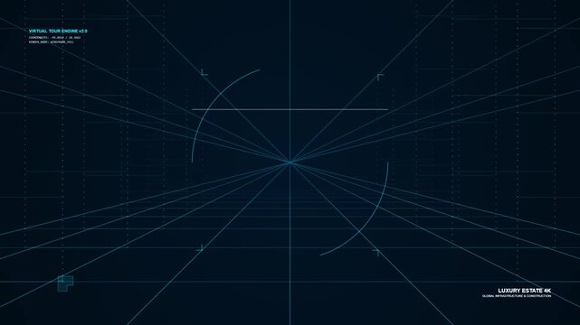 Digital 3D wireframe interface showing virtual tour engine grid
