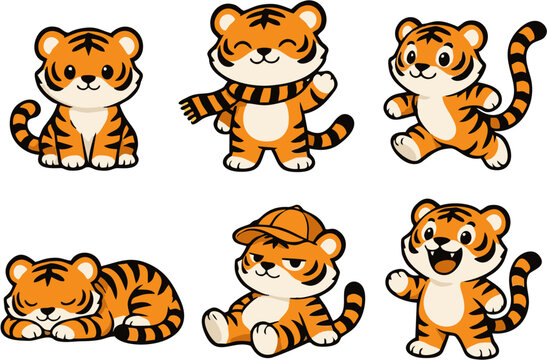 Cute tiger cub cartoon character mascot vector set. Kawaii happy baby tiger collection featuring sitting, wearing scarf, running, sleeping, cool with baseball cap, and waving hand isolated on white ba