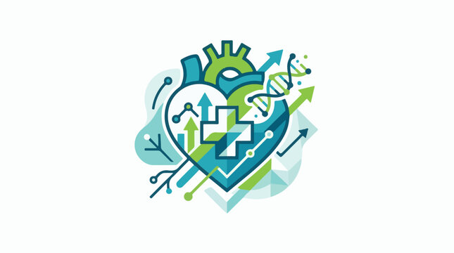 Digital heart graphic with DNA and upward arrows on white background