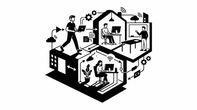 Digital home office and remote work connections isometric illustration